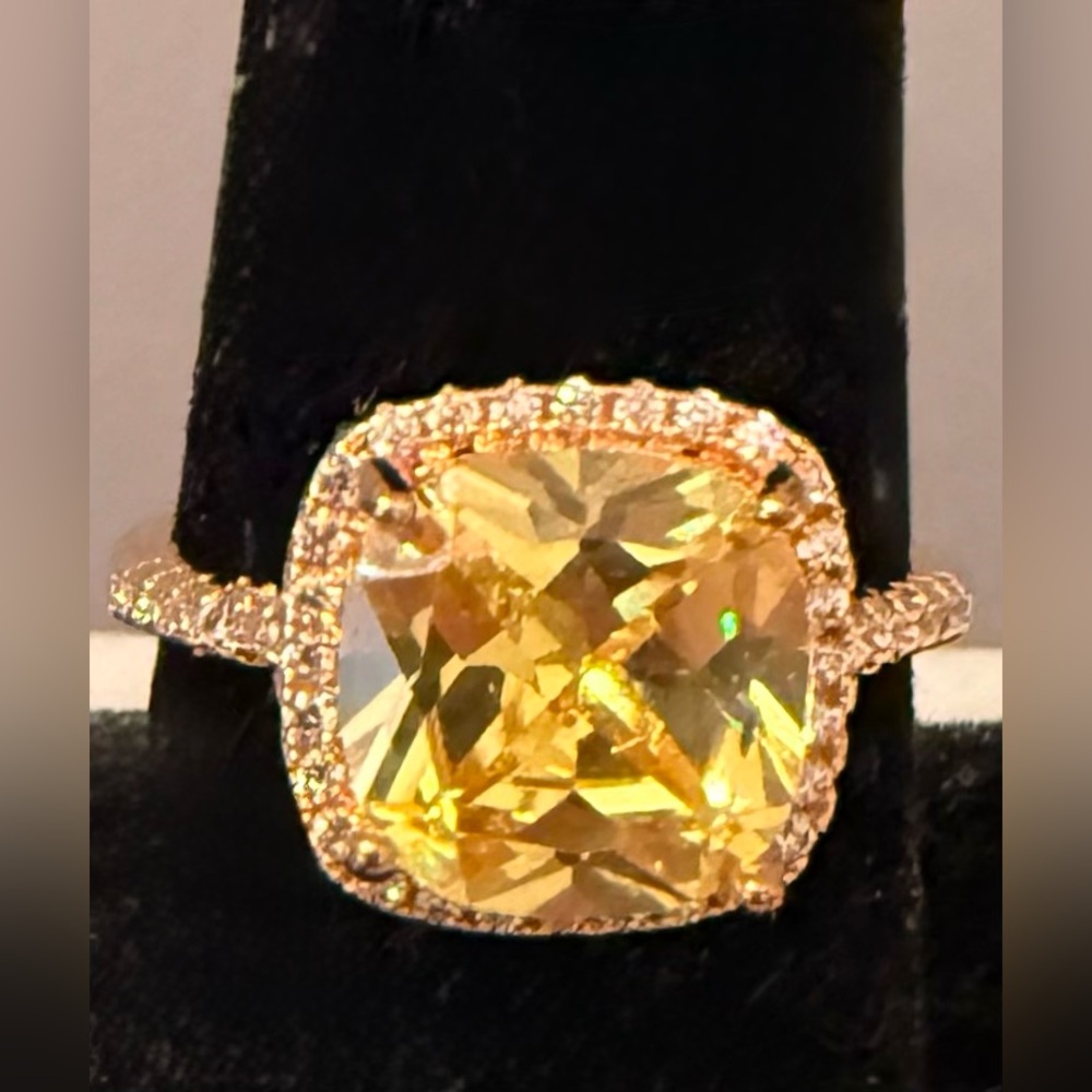 14K Gold Plated Yellow Cushion Halo Ring with Pavé Band